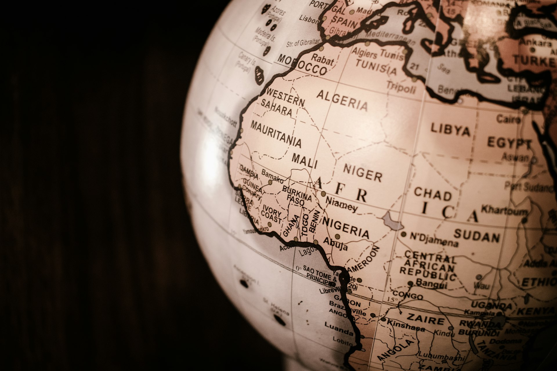 Africa map white and brown desk globe